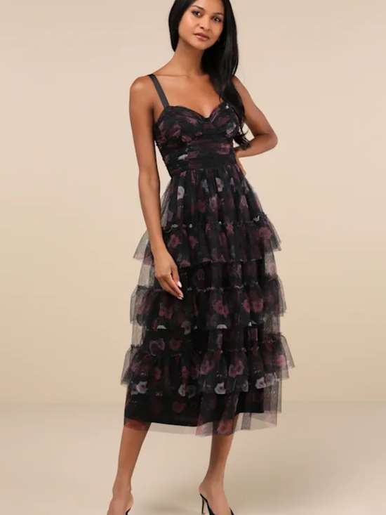 Lulus Dresses & Skirts - Lulus Sentimental Charisma Black Floral Mesh Tiered Midi Dress New